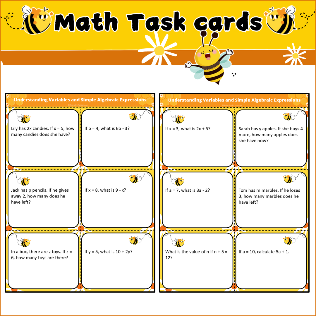 Understanding Variables and Simple Algebraic Expressions | Math Task Cards