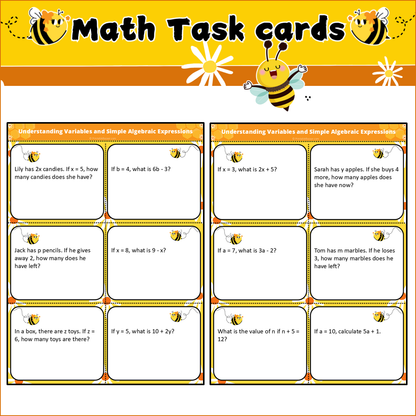 Understanding Variables and Simple Algebraic Expressions | Math Task Cards