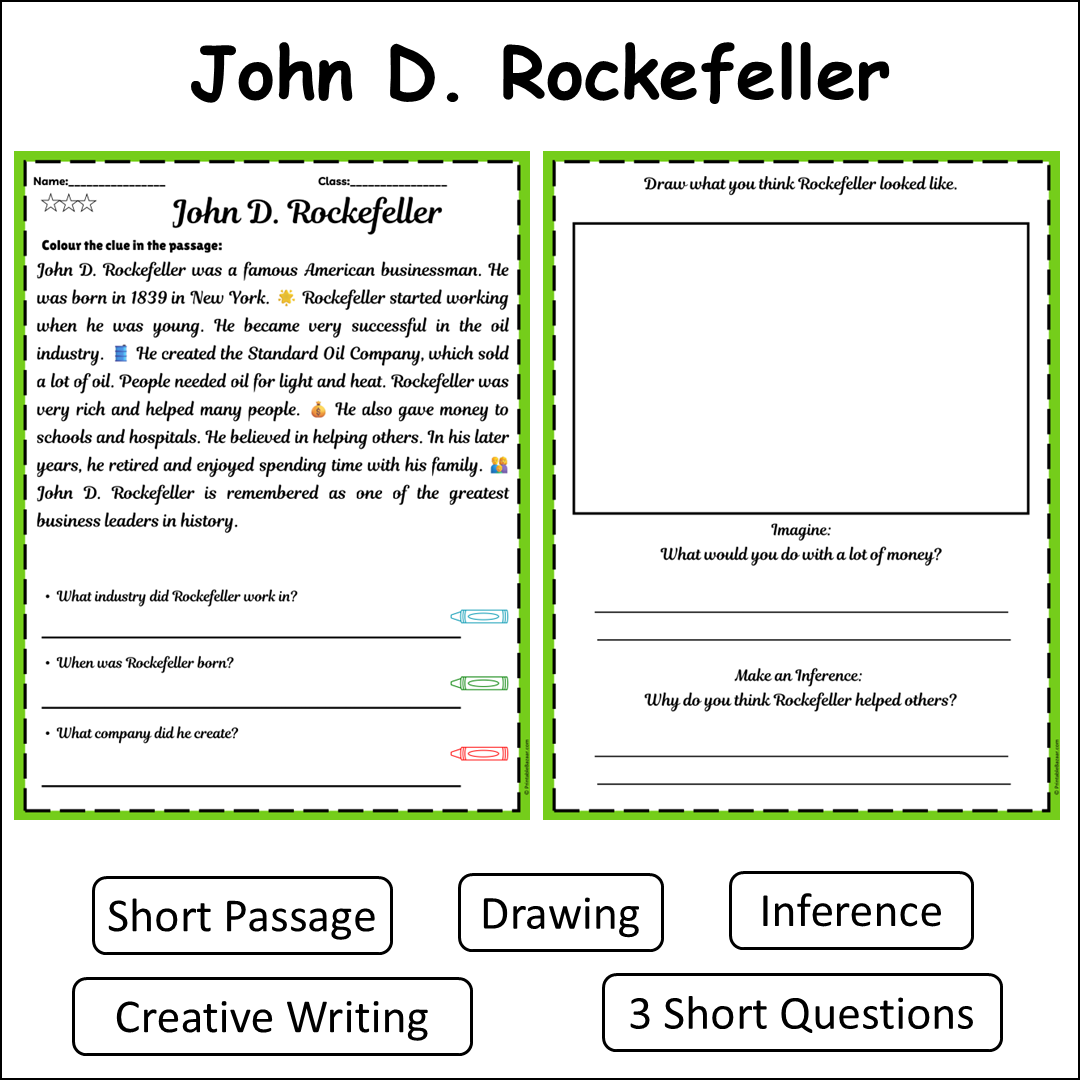 John D. Rockefeller | Short Reading Comprehension Creative Worksheet