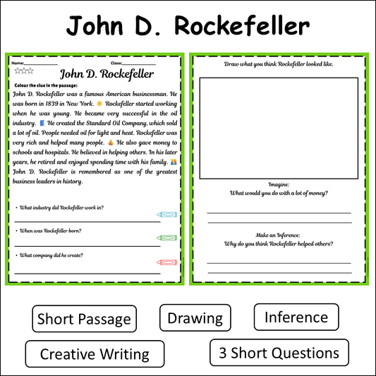 John D. Rockefeller | Short Reading Comprehension Creative Worksheet