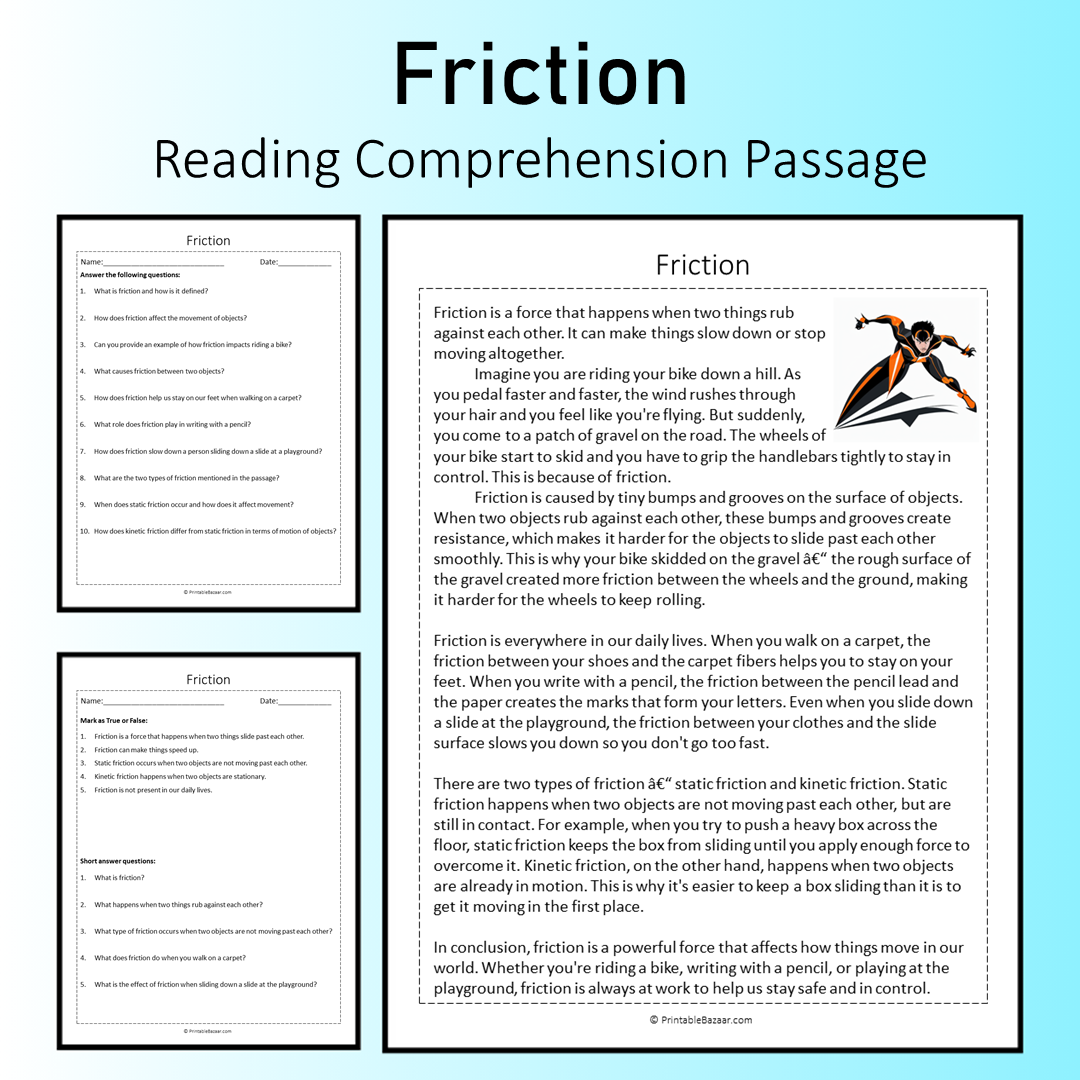 Friction | Reading Comprehension Passage Printable Worksheet