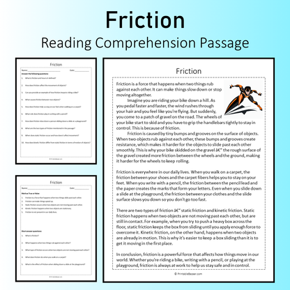 Friction | Reading Comprehension Passage Printable Worksheet