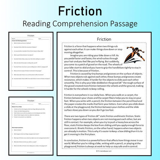 Friction | Reading Comprehension Passage Printable Worksheet