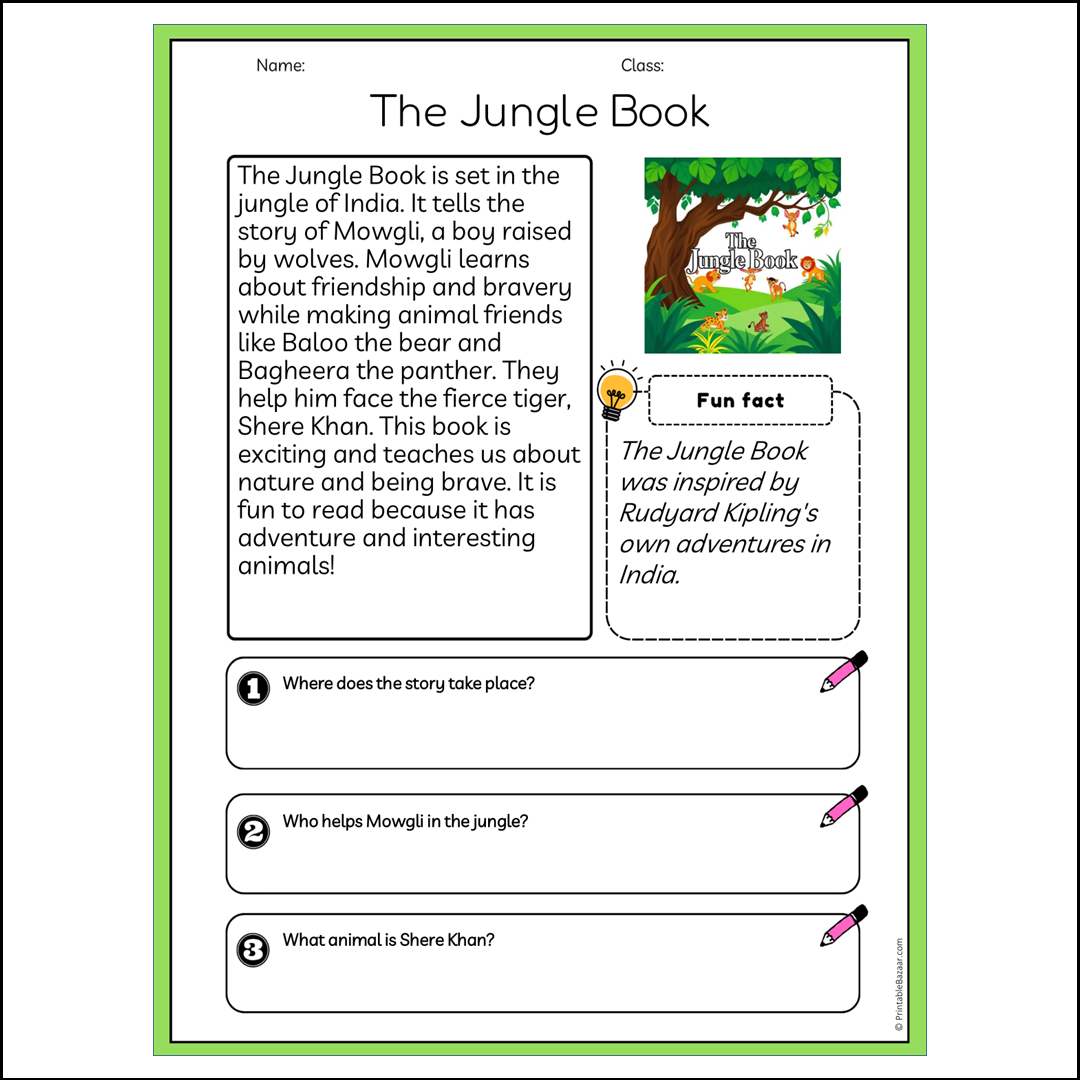 The Jungle Book | Reading Passage Comprehension Questions Writing Facts Worksheet