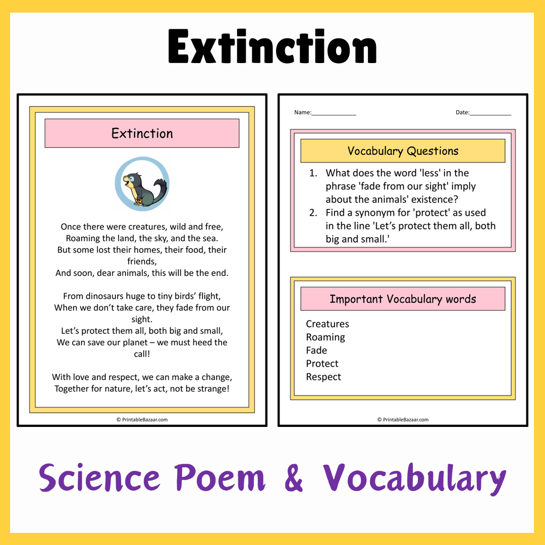 Extinction | Science Poem Reading Comprehension Activity