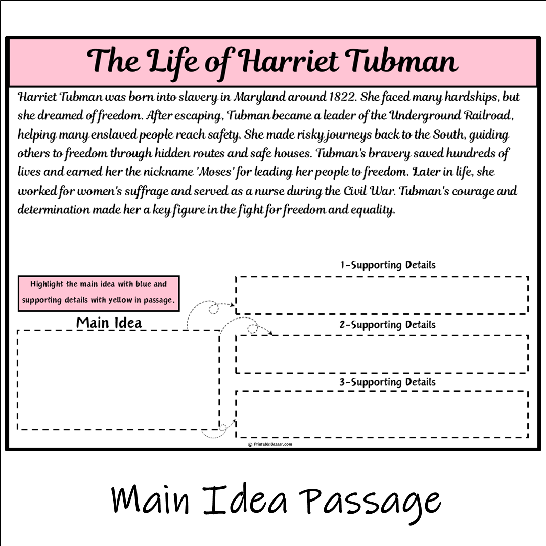 The Life of Harriet Tubman | Main Idea and Supporting Details Reading Passage and Questions