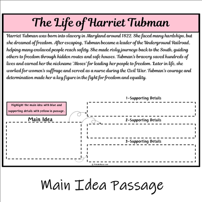 The Life of Harriet Tubman | Main Idea and Supporting Details Reading Passage and Questions