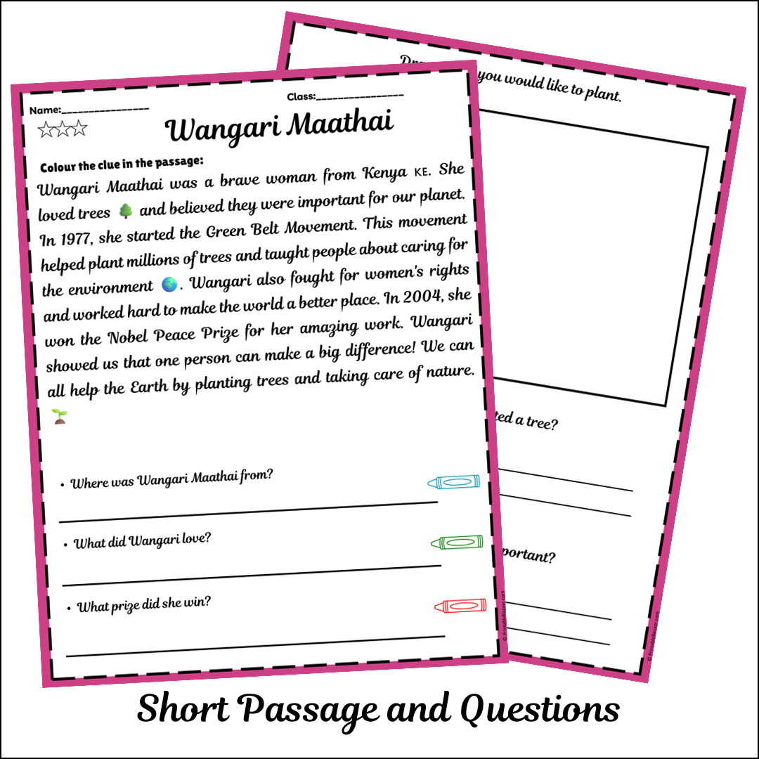 Wangari Maathai | Short Reading Comprehension Creative Worksheet