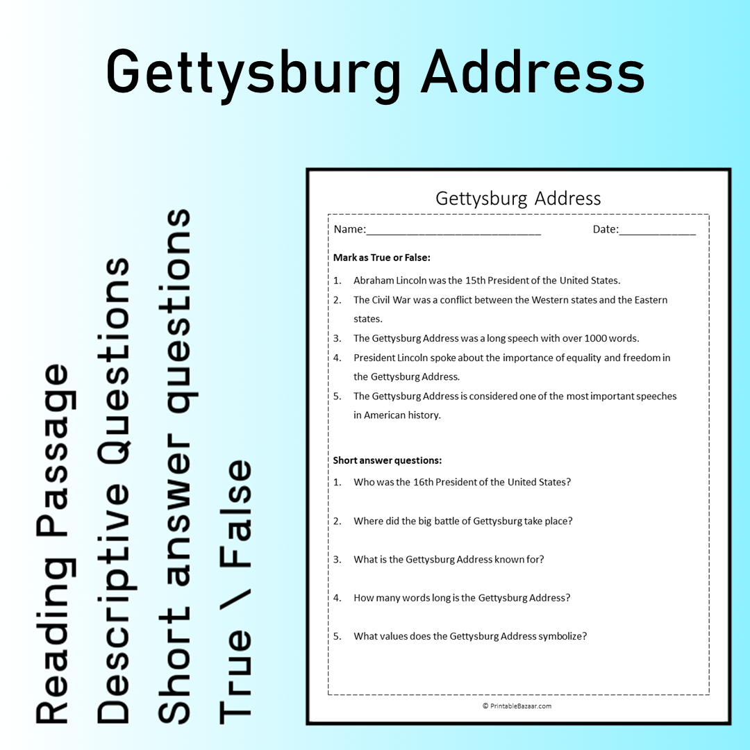 Gettysburg Address | Reading Comprehension Passage Printable Worksheet