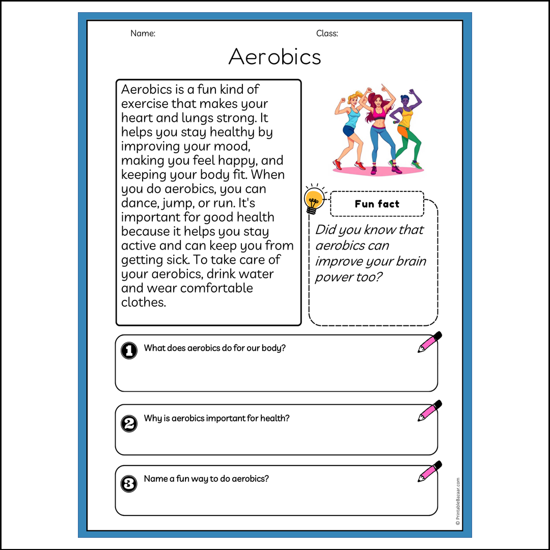 Aerobics | Reading Passage Comprehension Questions Writing Facts Worksheet