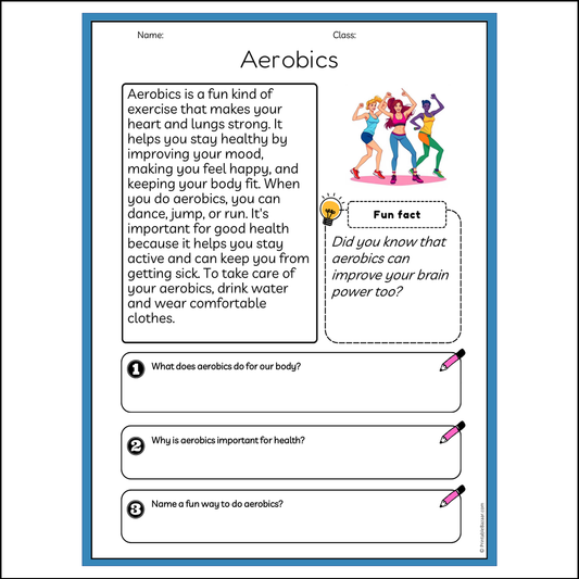 Aerobics | Reading Passage Comprehension Questions Writing Facts Worksheet