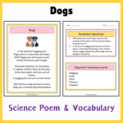 Dogs | Science Poem Reading Comprehension Activity