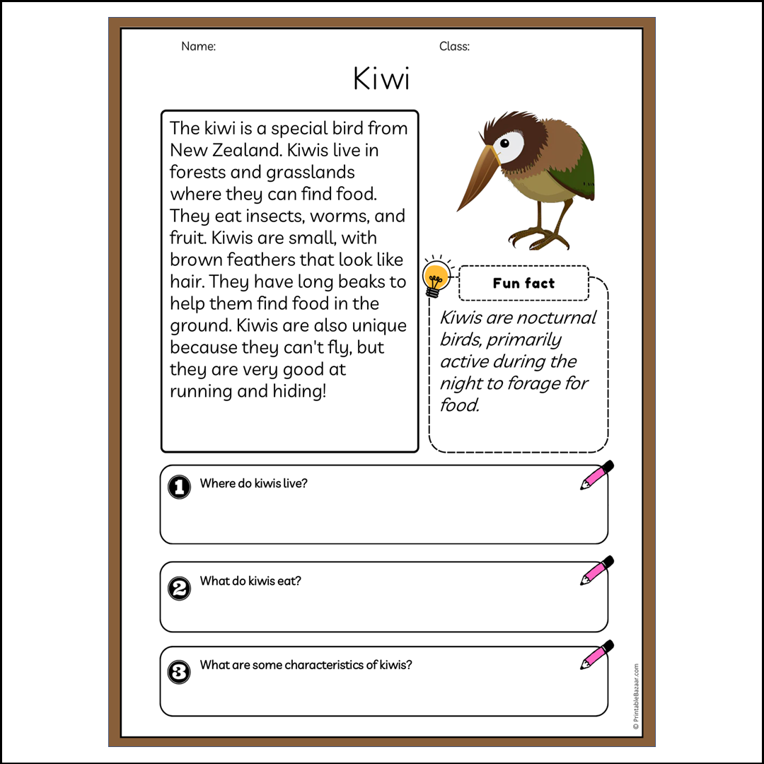 Kiwi | Reading Passage Comprehension Questions Writing Facts Worksheet