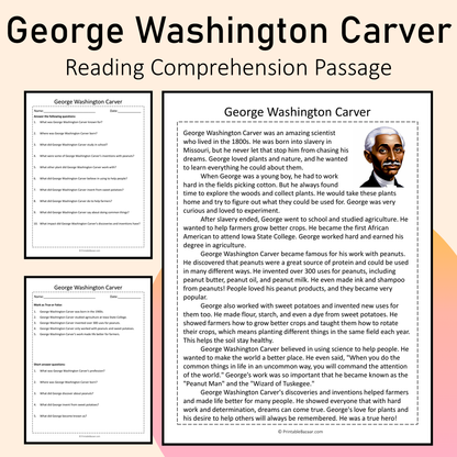 George Washington Carver | Reading Comprehension Passage Printable Activity