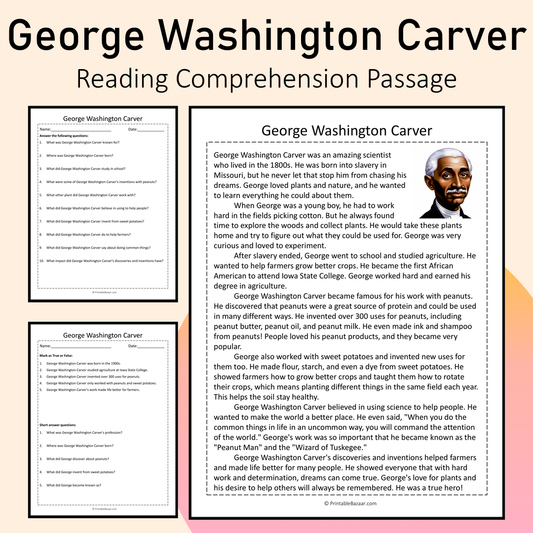 George Washington Carver | Reading Comprehension Passage Printable Activity