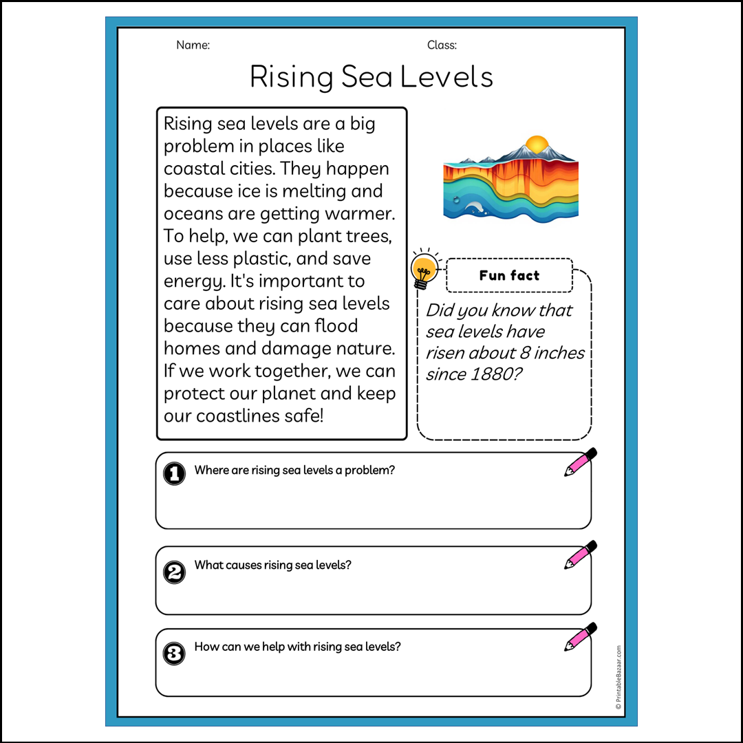 Rising Sea Levels | Reading Passage Comprehension Questions Writing Facts Worksheet