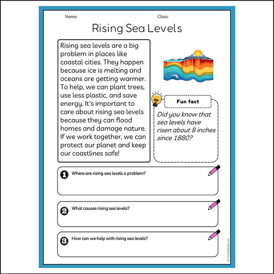 Rising Sea Levels | Reading Passage Comprehension Questions Writing Facts Worksheet