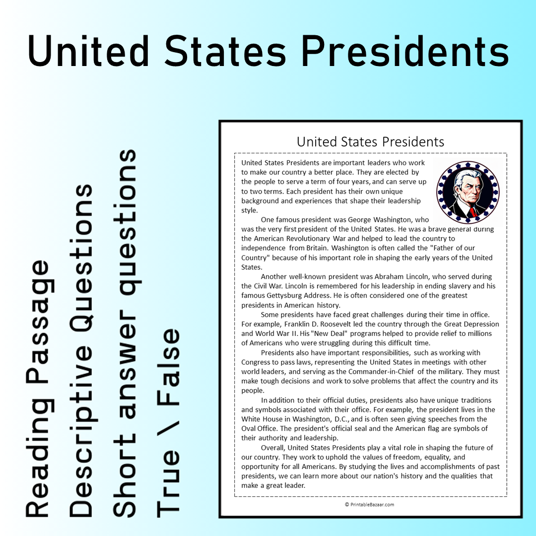 United States Presidents | Reading Comprehension Passage Printable Worksheet