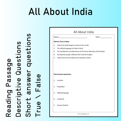 All About India | Reading Comprehension Passage Printable Worksheet