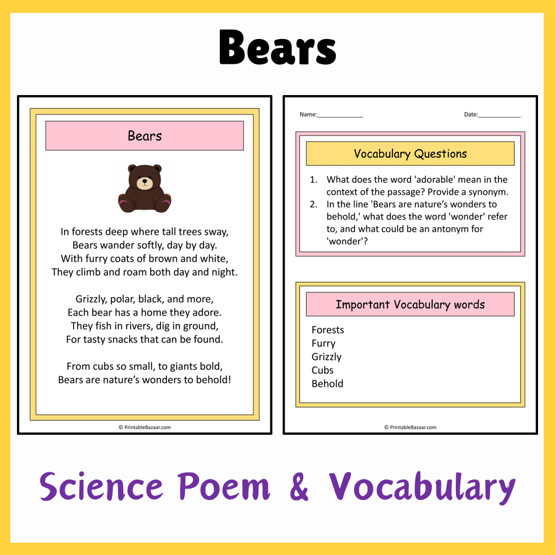 Bears | Science Poem Reading Comprehension Activity