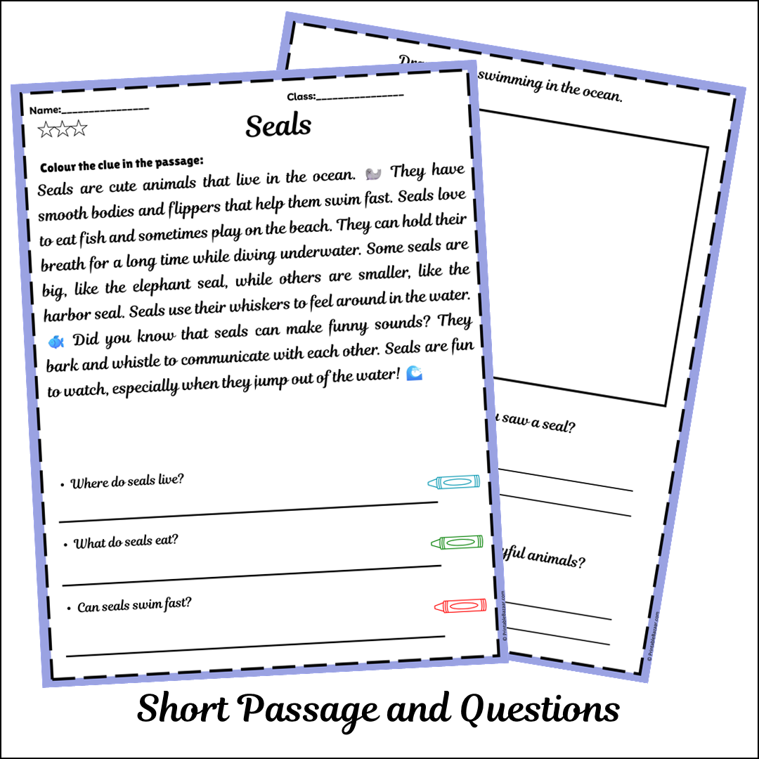 Seals | Short Reading Comprehension Creative Worksheet