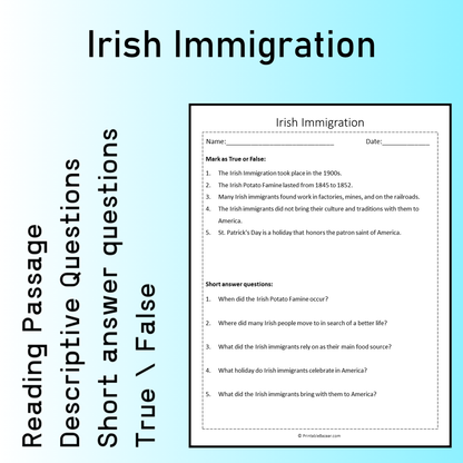 Irish Immigration | Reading Comprehension Passage Printable Worksheet