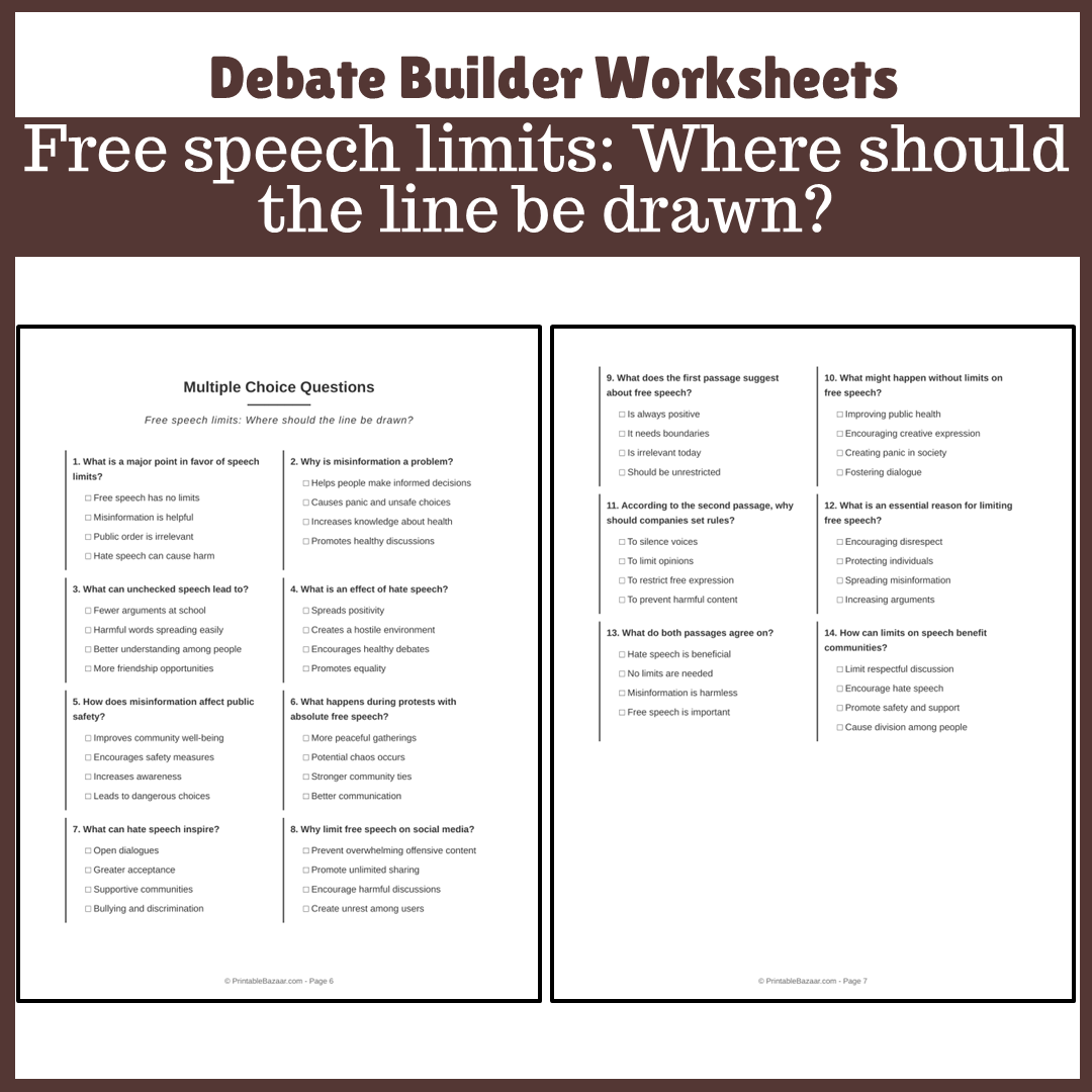 Free speech limits: Where should the line be drawn? | Favour and Against Worksheet Printable Activity
