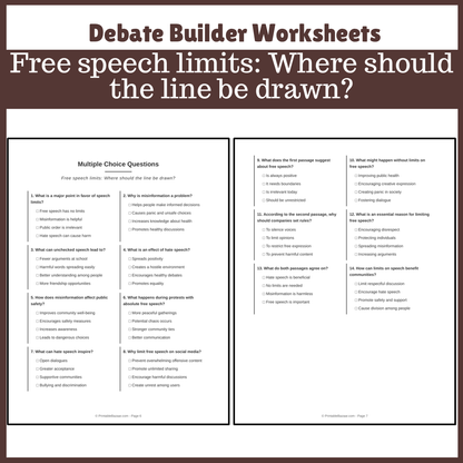 Free speech limits: Where should the line be drawn? | Favour and Against Worksheet Printable Activity