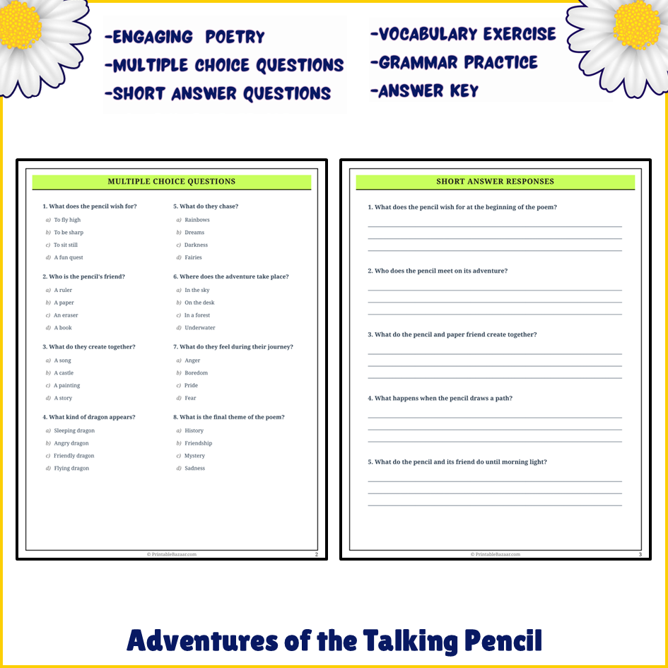 Adventures of the Talking Pencil | Poem Grammar Worksheet Printable Activity