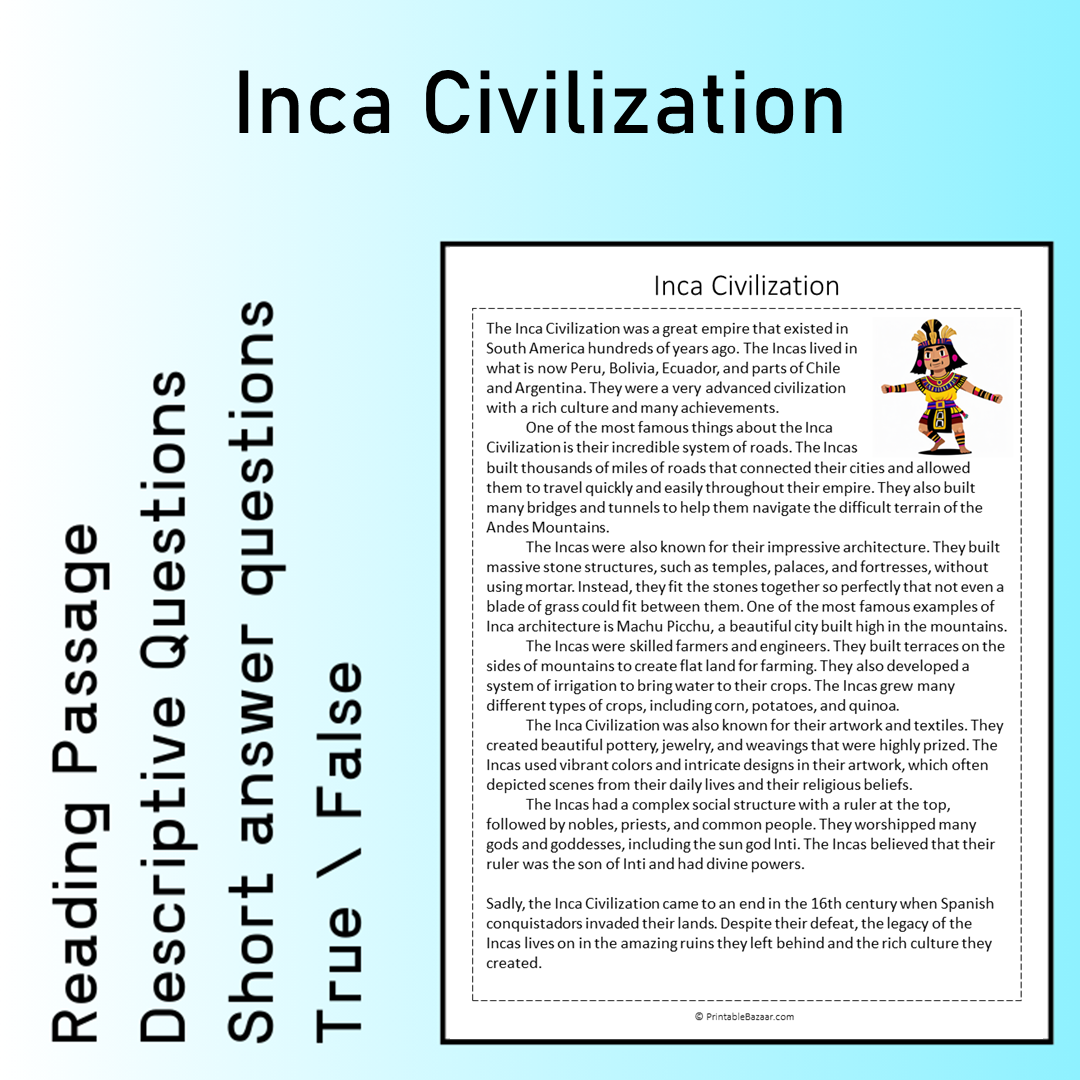 Inca Civilization | Reading Comprehension Passage Printable Worksheet
