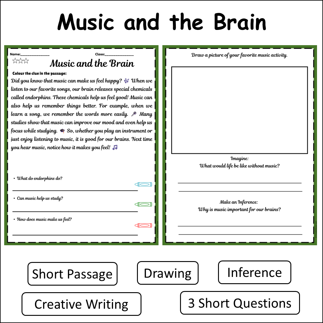 Music and the Brain | Short Reading Comprehension Creative Worksheet