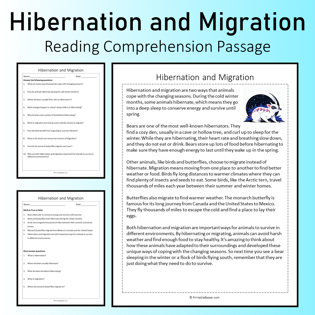 Hibernation and Migration | Reading Comprehension Passage Printable Worksheet