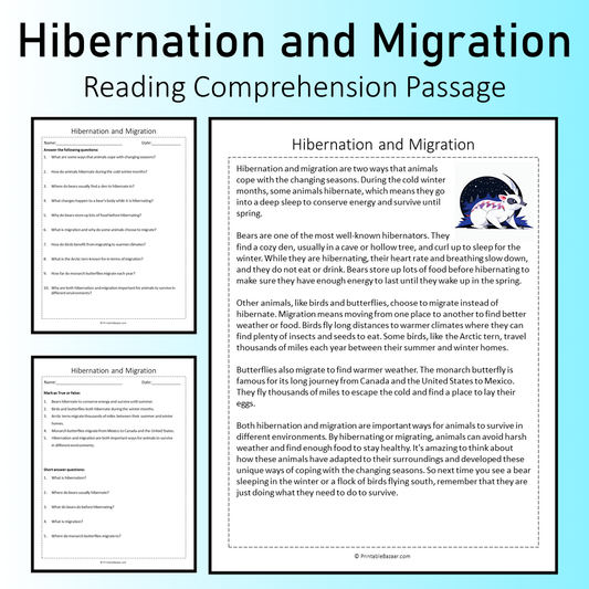 Hibernation and Migration | Reading Comprehension Passage Printable Worksheet