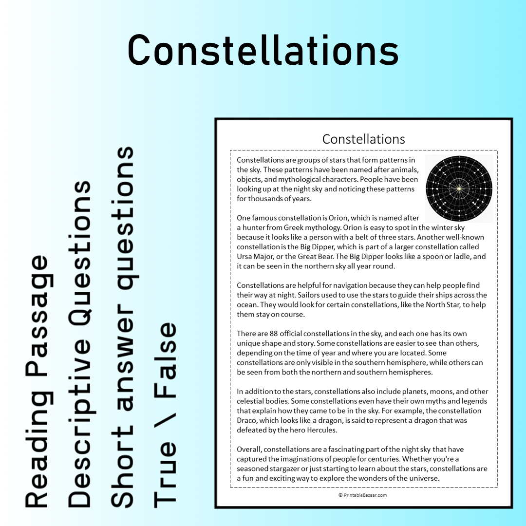 Constellations | Reading Comprehension Passage Printable Worksheet