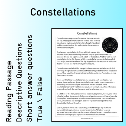 Constellations | Reading Comprehension Passage Printable Worksheet