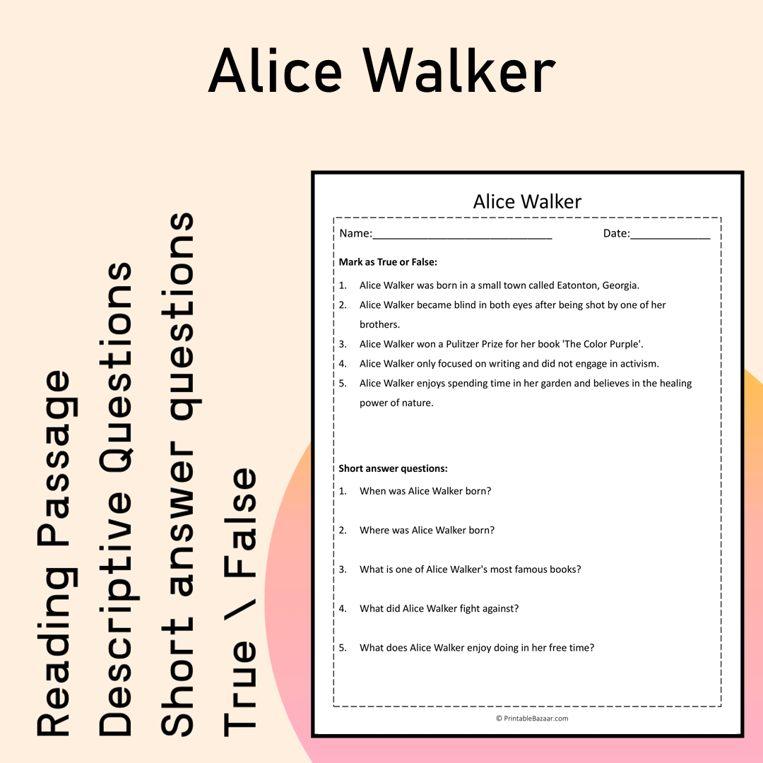 Alice Walker | Reading Comprehension Passage Printable Activity