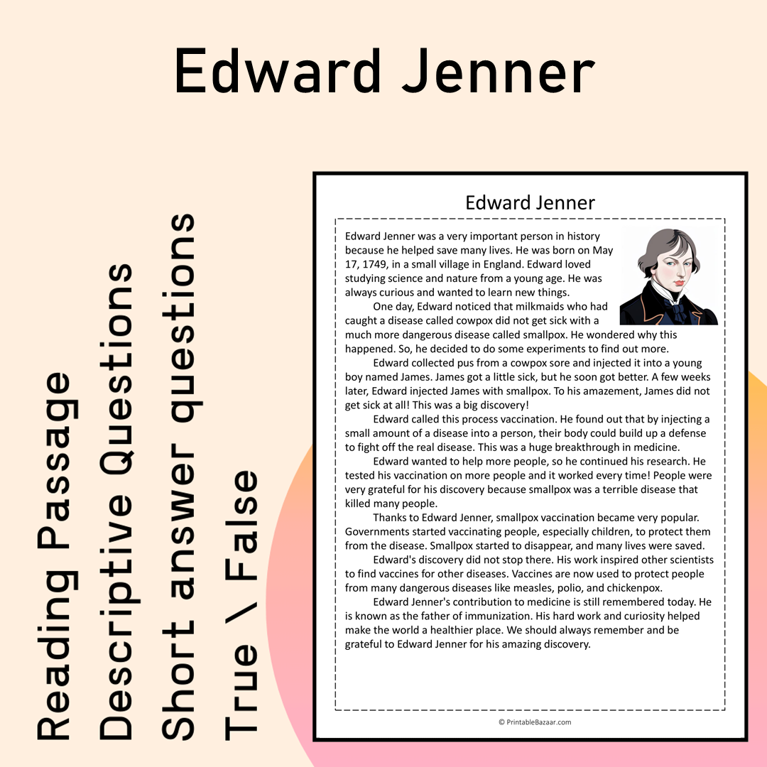 Edward Jenner | Reading Comprehension Passage Printable Activity