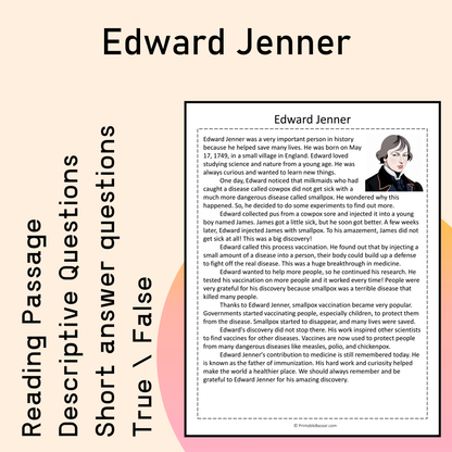 Edward Jenner | Reading Comprehension Passage Printable Activity