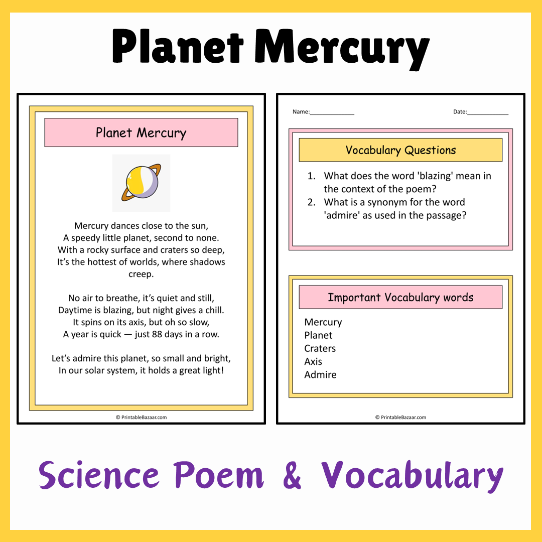 Planet Mercury | Science Poem Reading Comprehension Activity
