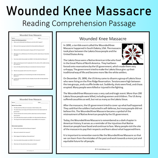 Wounded Knee Massacre | Reading Comprehension Passage Printable Worksheet