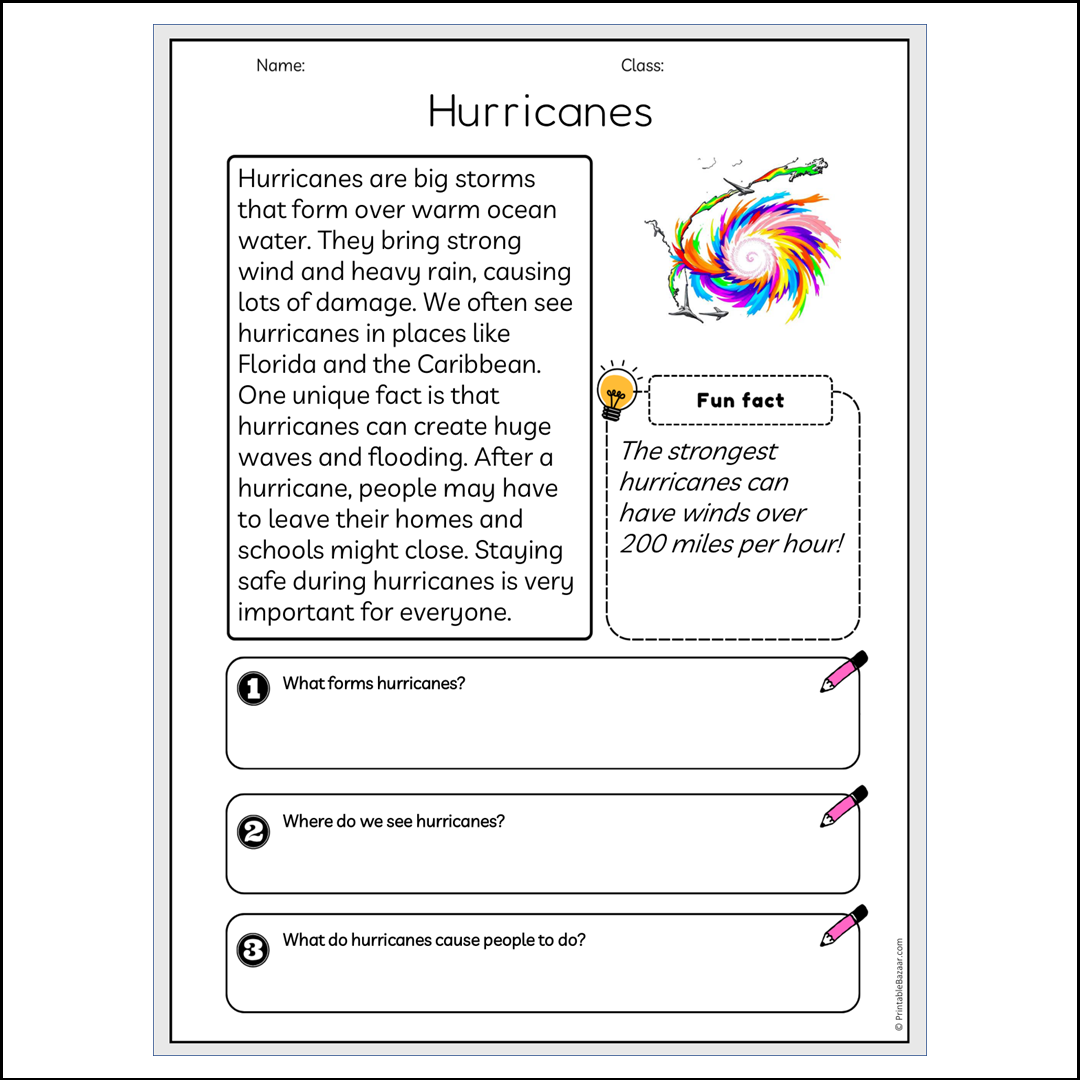 Hurricanes | Reading Passage Comprehension Questions Writing Facts Worksheet