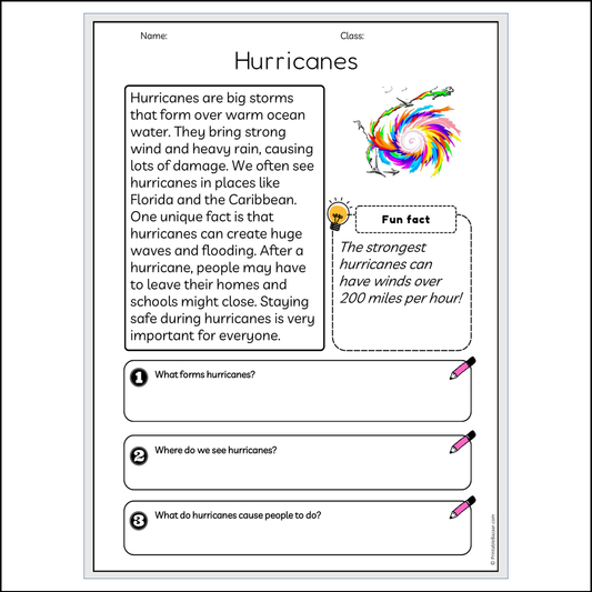 Hurricanes | Reading Passage Comprehension Questions Writing Facts Worksheet