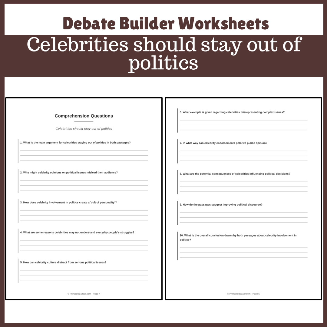 Celebrities should stay out of politics | Favour and Against Worksheet Printable Activity