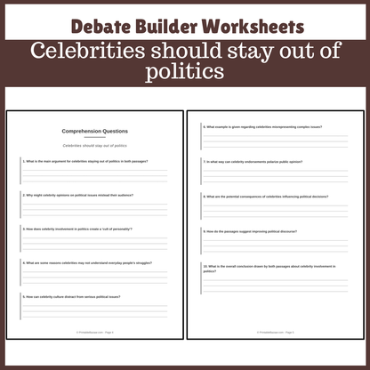 Celebrities should stay out of politics | Favour and Against Worksheet Printable Activity