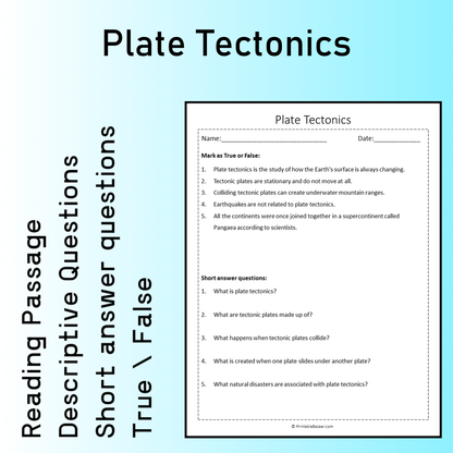Plate Tectonics | Reading Comprehension Passage Printable Worksheet