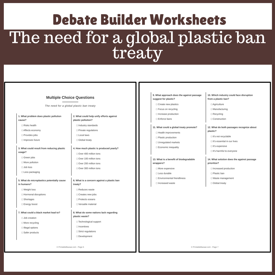 The need for a global plastic ban treaty | Favour and Against Worksheet Printable Activity