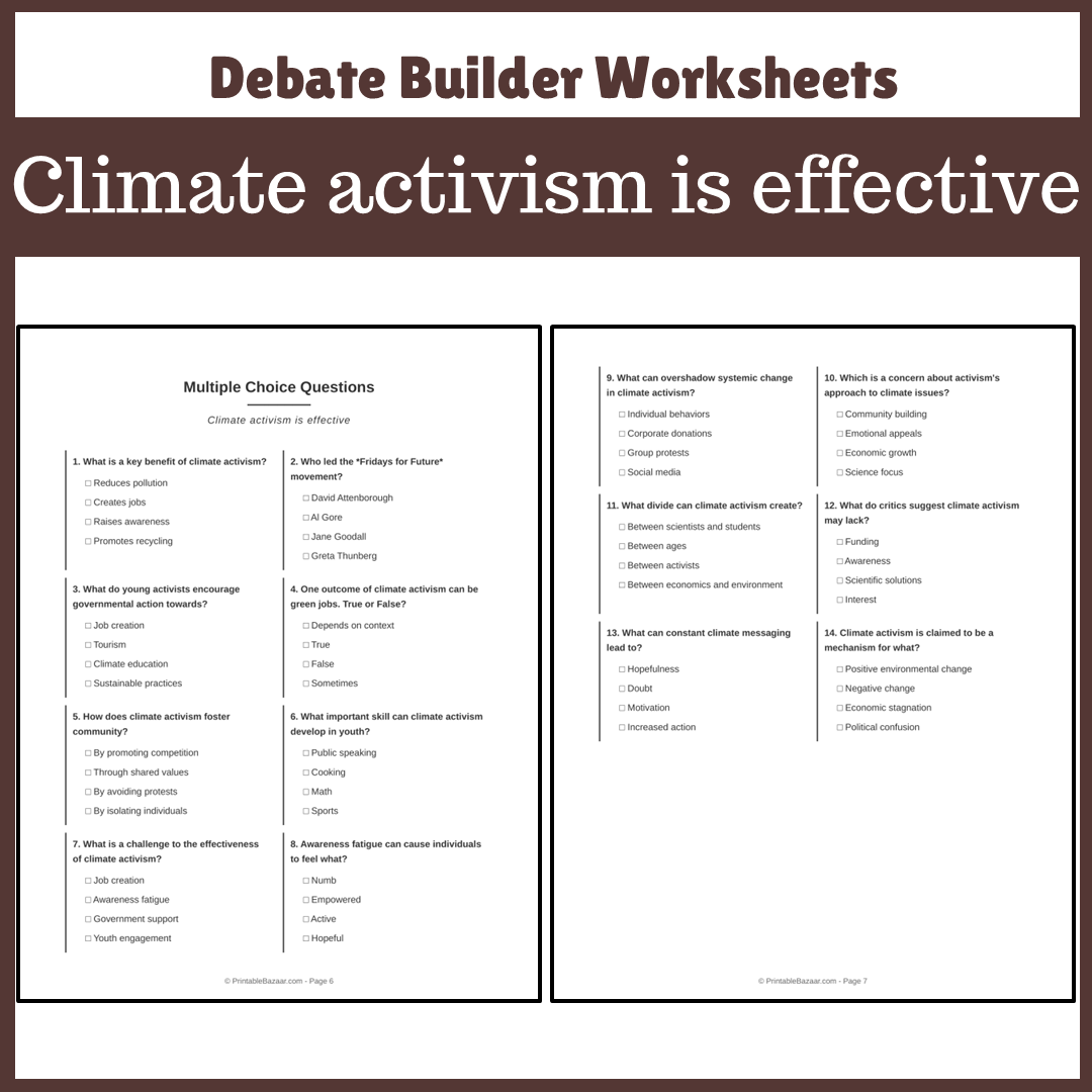 Climate activism is effective | Favour and Against Worksheet Printable Activity