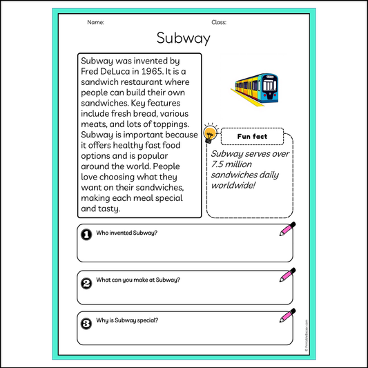 Subway | Reading Passage Comprehension Questions Writing Facts Worksheet