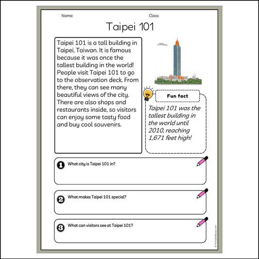 Taipei 101 | Reading Passage Comprehension Questions Writing Facts Worksheet