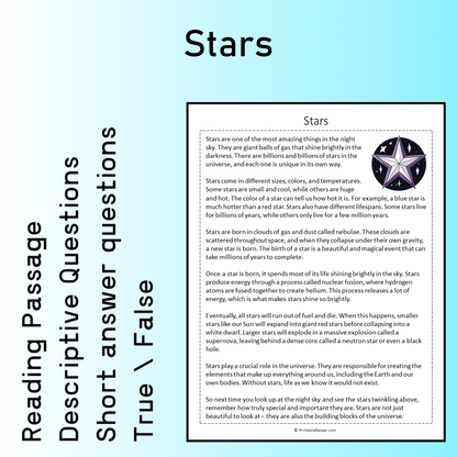 Stars | Reading Comprehension Passage Printable Worksheet